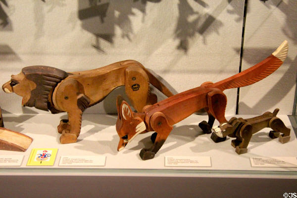 Wooden flexible lion, fox & bulldog toy figures (1922-9) by Oswald Pontius of Munich at City Toy Museum. Nuremberg, Germany.