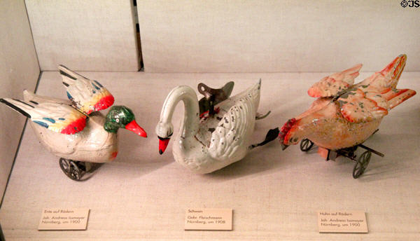 Wind-up tin bird toys (c1900-10) at City Toy Museum. Nuremberg, Germany.