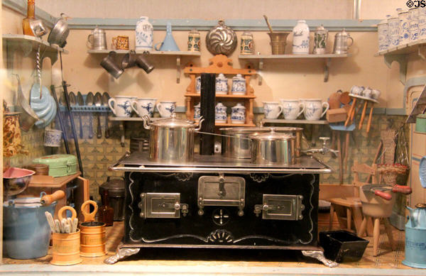 Doll house kitchen & range representing 1895 at City Toy Museum. Nuremberg, Germany.