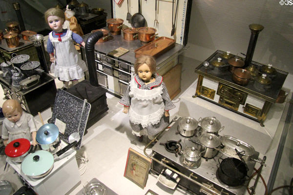Doll house kitchen ranges at City Toy Museum. Nuremberg, Germany.