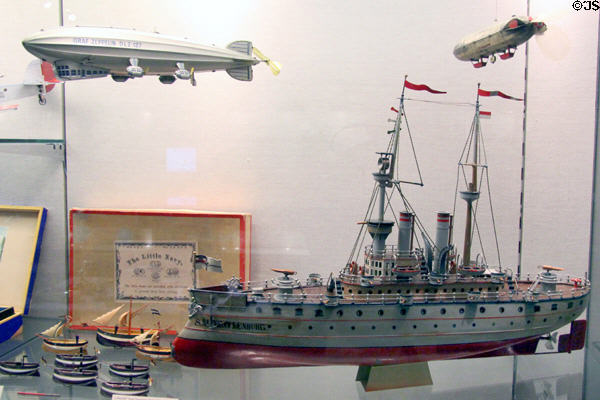 Toy zeppelins & naval ships (after WWI) at City Toy Museum. Nuremberg, Germany.