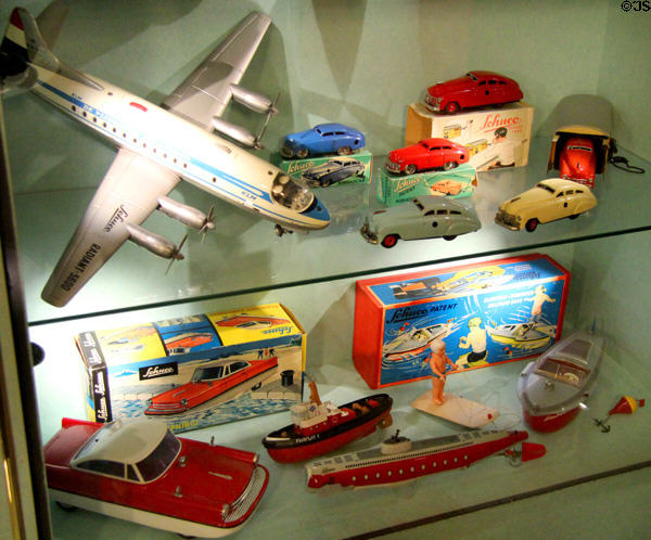 German toy cars, plane & boats (1960s) at City Toy Museum. Nuremberg, Germany.