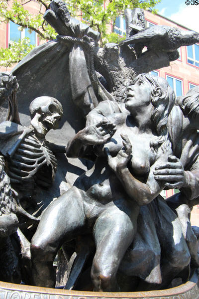 Eve with skeleton on Ship of Fools sculpture. Nuremberg, Germany.