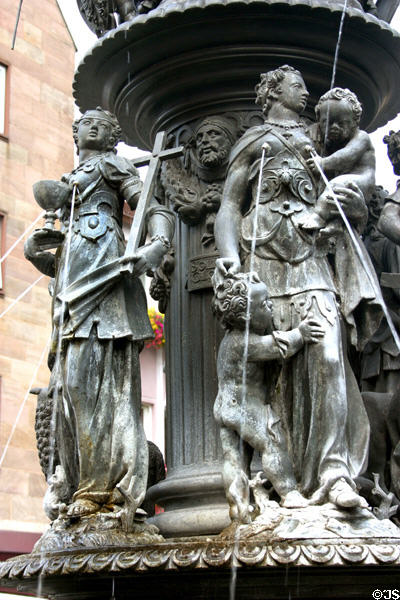 Detail of figures on Fountain of Virtue (1589) near intersection of Königstrasse & Lorenzerplatz. Nuremberg, Germany.