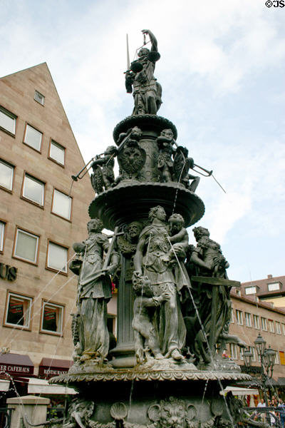 Fountain of Virtue (1589) near intersection of Königstrasse & Lorenzerplatz. Nuremberg, Germany.