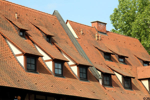 Roofline beside Pegnitz River. Nuremberg, Germany.