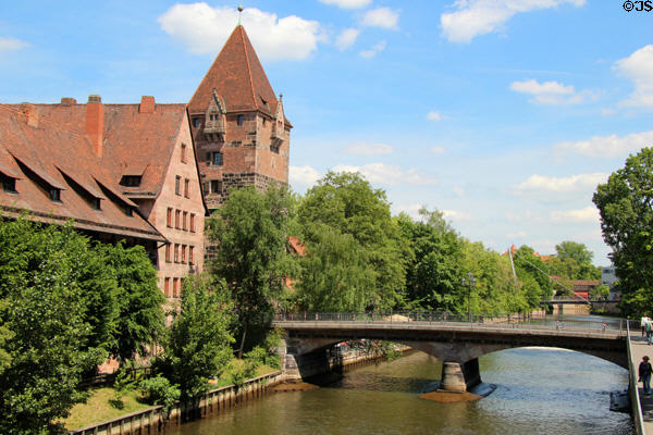 Heubrücke with square tower beside Pegnitz River. Nuremberg, Germany.