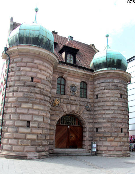 Former armory with onion domes (1587) (now a police station) Pfannenschmied gasse 24. Nuremberg, Germany.
