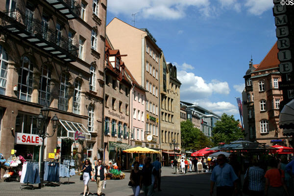 Shops on Karolinenstraße at Hefnersplatz. Nuremberg, Germany.