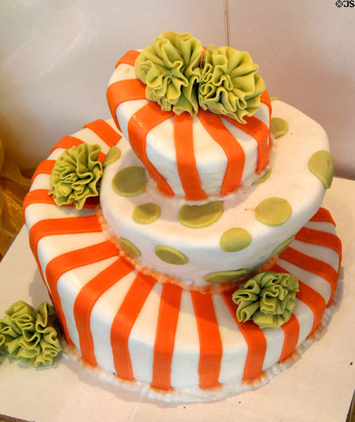 Red & white striped cake with green florets. Nuremberg, Germany.