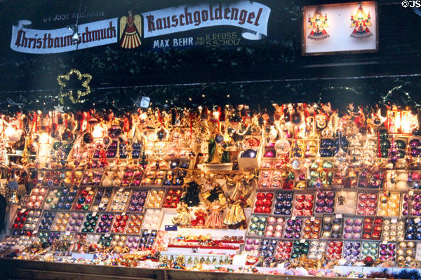 Booth with Christmas ornaments at Christmas Market on City Hall square. Nuremberg, Germany.