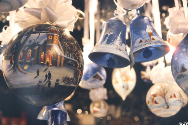 Christmas ornament painted bells & balls at Christmas Market on City Hall square. Nuremberg, Germany.
