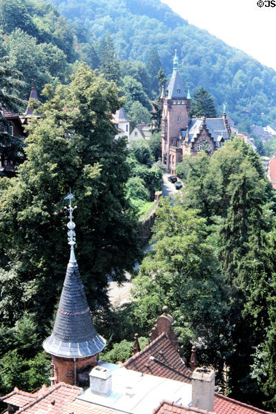 View of church & forests on hills of Heidelberg. Heidelberg, Germany.