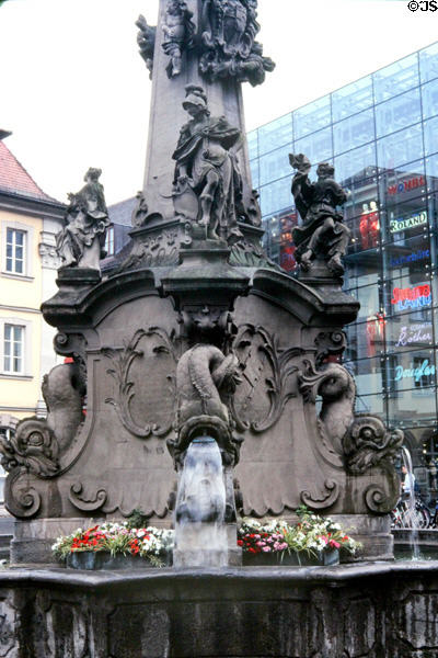 Fountain in front of Rathaus (city hall). Würzburg, Germany.