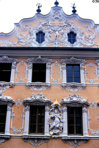 Center gable of Haus zum Falken with highly ornate Baroque style façade (created 1751), building destroyed in WWII bombing, re-built from old photos (1950's). Würzburg, Germany.