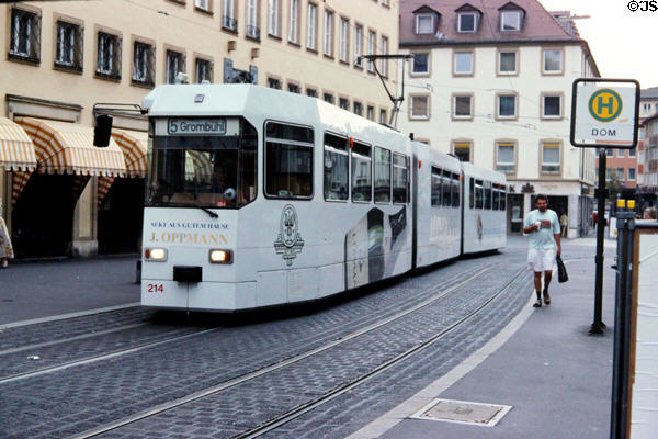 Street car at cathedral stop. Würzburg, Germany.