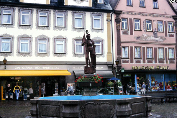Market fountain with statue of knight (1926). Bad Mergentheim, Germany.