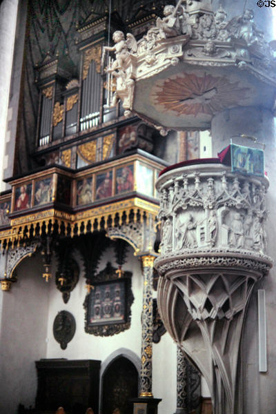 Gothic pulpit (1499) at St. George's Church. Nördlingen, Germany.