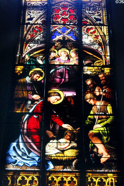 Stained glass manger scene in Minster of our Lady Church. Donauwörth, Germany. Style: Gothic.