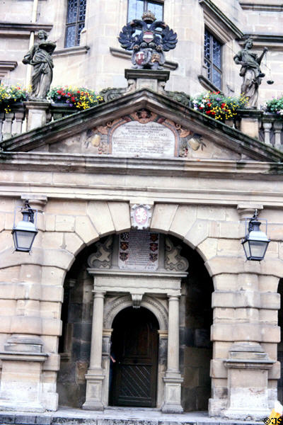 Rathaus (city hall) (c1572) stone portico. Rothenburg ob der Tauber, Germany.