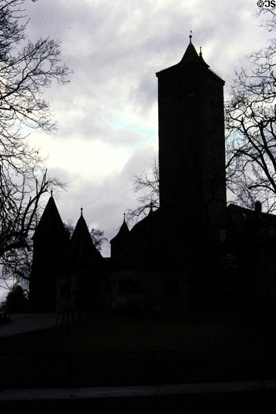 Profile of some of the town's 42 towers at dusk. Rothenburg ob der Tauber, Germany.