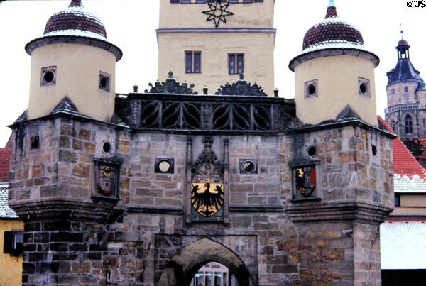 Ellinger Tor (tower) gateway, once part of 14thC ramparts with German eagle over portal. Weissenburg, Germany.