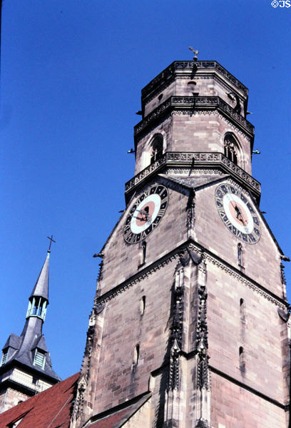 Stiftskirche clock tower with polygonal top level(15thC). Stuttgart, Germany.