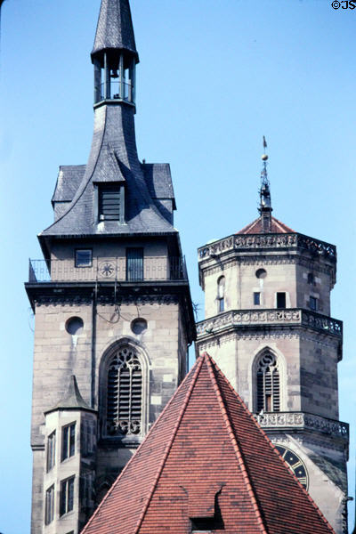Two towers of Stiftskirche (Collegiate Church). Stuttgart, Germany.