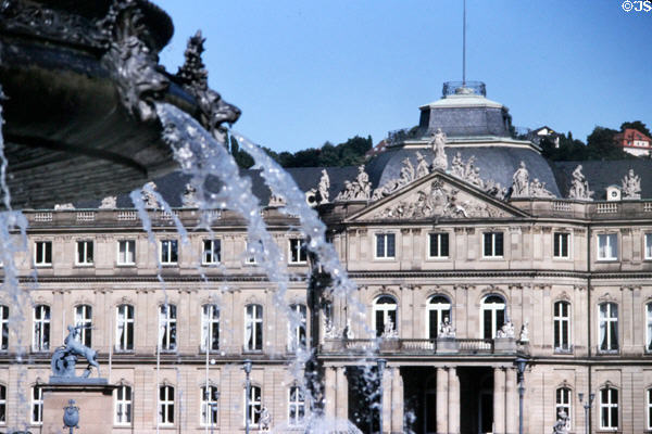 Neues Schloss (new palace) (1746-1807) with fountain edge in foreground. Stuttgart, Germany. Style: Baroque Neo-Classicism. Architect: Leopold Retti, Philippe de la Guepiere,R.F.H. Fischer & Nikolaus Thouret.
