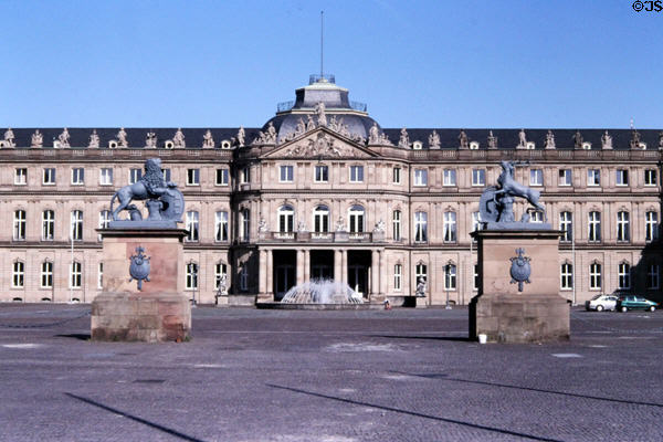 Neues Schloss (new palace) (1746-1807) with lion & deer on pedestals guarding entrance. Stuttgart, Germany.
