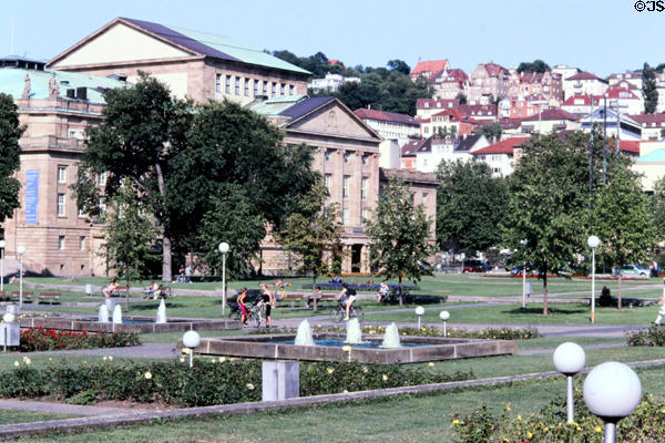 Staatstheater with park & homes on hill in background. Stuttgart, Germany.