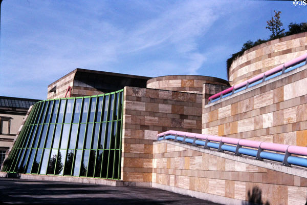 New wing of Staatsgalerie (1984) housing 20thC art. Stuttgart, Germany. Style: Post Modern. Architect: James Stirling.