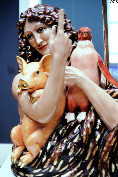 St John the Baptist holding pig & penguin porcelain statue (1988) by Jeff Coons at Staatsgalerie. Stuttgart, Germany.