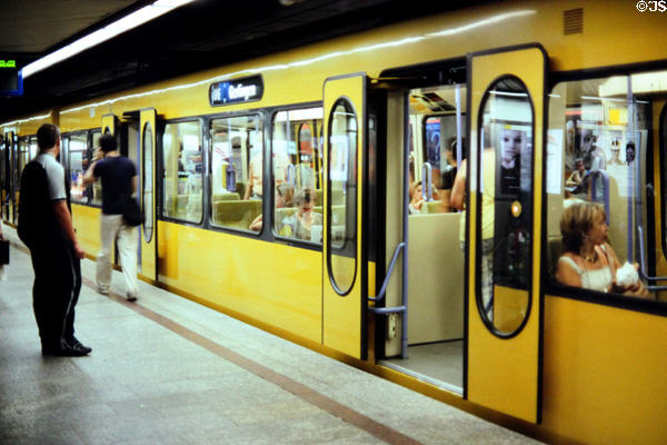 Passengers using U-bahn at underground station. Stuttgart, Germany.