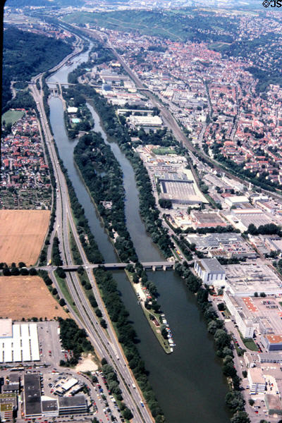 Neckar River near Stuttgart from the air. Stuttgart, Germany.