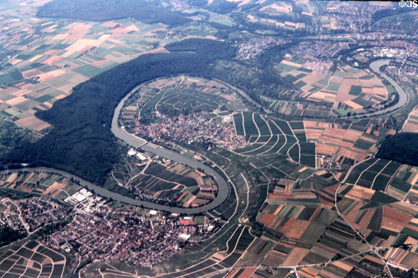 Loop in Neckar River near Stuttgart from the air. Stuttgart, Germany.