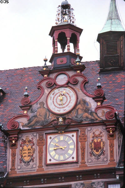 Decorative details & functioning astronomical clock (1511) by Johann Stöfler on Rathaus (city hall) (15thC). Tübingen, Germany.