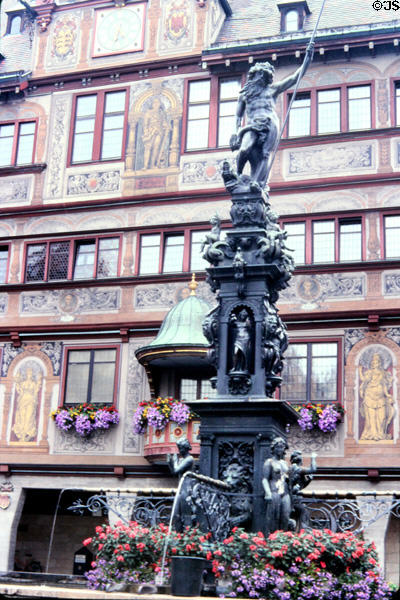 Neptune's Fountain (1947) by David Fahrner in front of Rathaus (city hall) on market square. Tübingen, Germany.