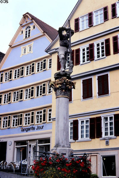 St George's Fountain (1976) on Holzmarkt near Stiftskirche (parish church). Tübingen, Germany.