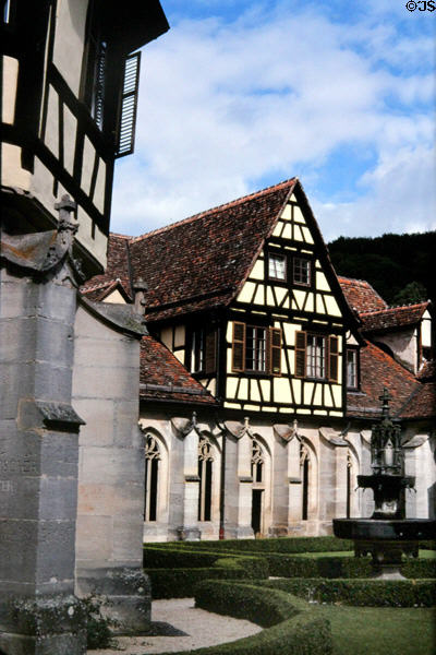 Half-timbered dormer & formal gardens of Bebenhausen Abbey. Germany.