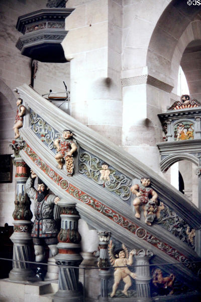 Curved staircase to pulpit with carved figures & filigree at Bebenhausen Abbey. Germany.