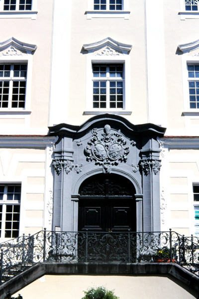 Baroque doorway with elaborate wrought iron railings. Bad Schussenried, Germany.