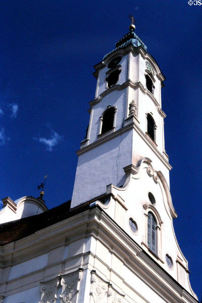 Steinhausen Pilgrimage Church bell tower with onion dome. Steinhausen, Germany.