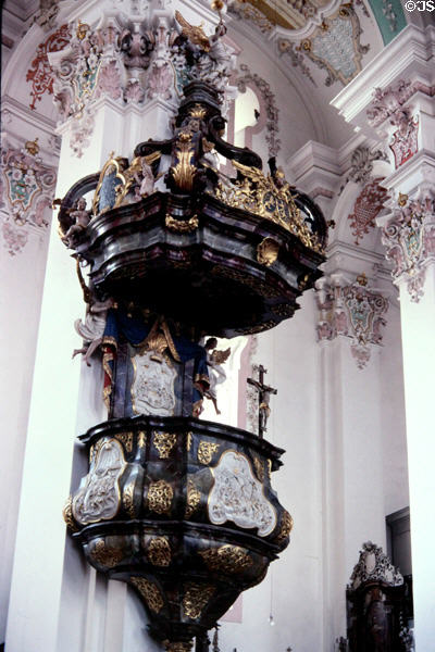 Steinhausen Pilgrimage Church pulpit & canopy. Steinhausen, Germany.