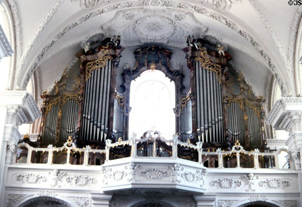 Organ with baroque ornamentation at Sts. Peter & Paul cloister church. Obermarchtal, Germany.