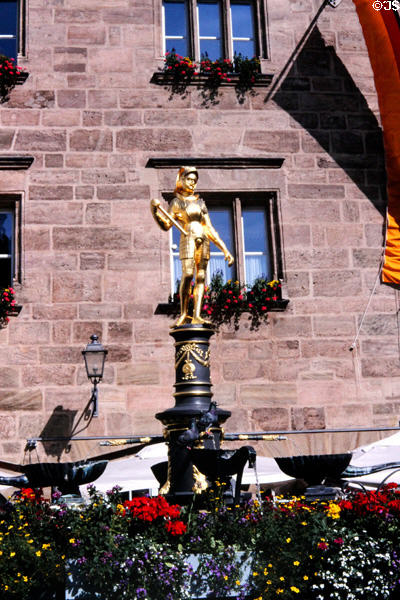 Margrave Georg fountain (1780) in front of Stadthaus. Ansbach, Germany.