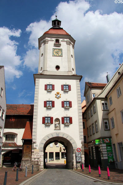 Middle city gate & tower (c1230) with statue over arch of St Joseph carrying Jesus by Stephan Luidl. Dillingen, Germany.