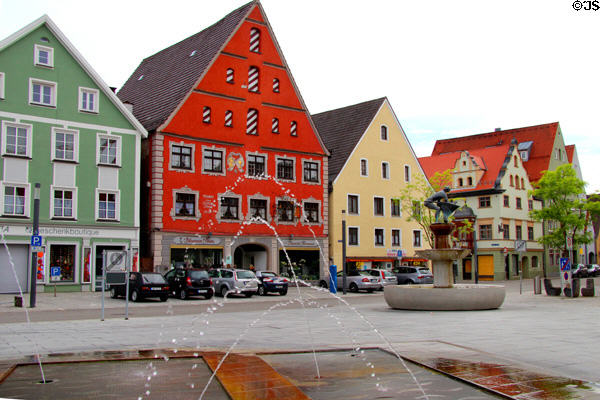 Streetscape along Schrannenplatz. Memmingen, Germany.