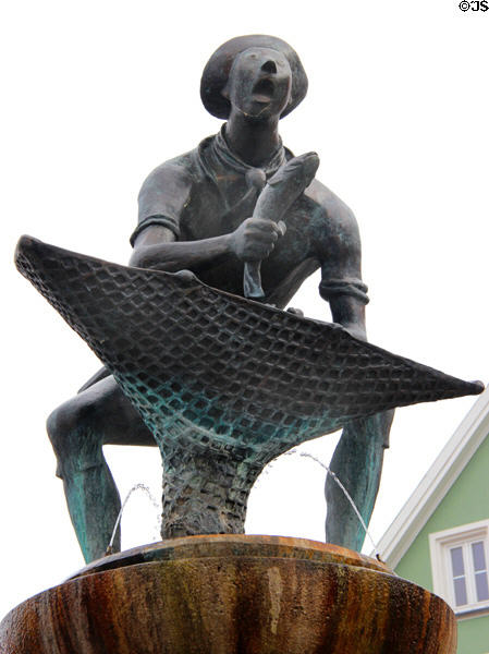 Fisherman's Fountain (1955) at Schrannenplatz celebrates annual Fisher's Festival. Memmingen, Germany.