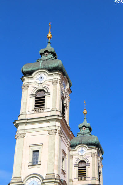 Towers with golden finials at Ottobeuren Abbey. Ottobeuren, Germany.